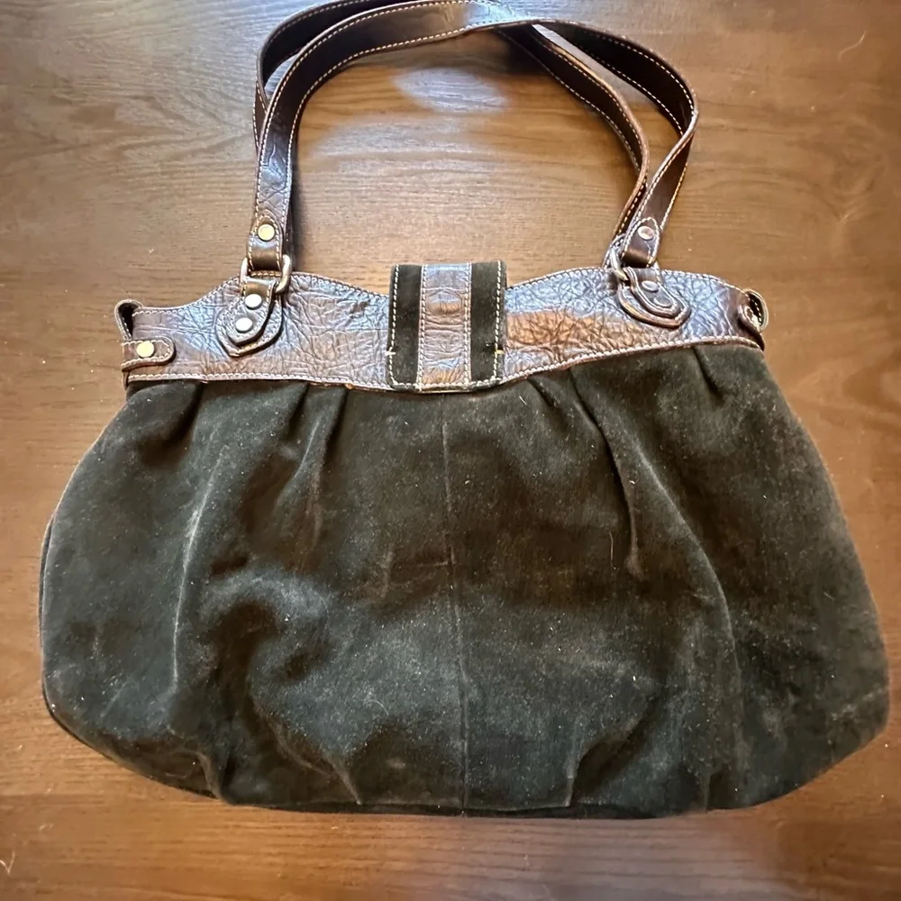 Italian made Black Suede Tote Bag with Brown Trim and Tassel